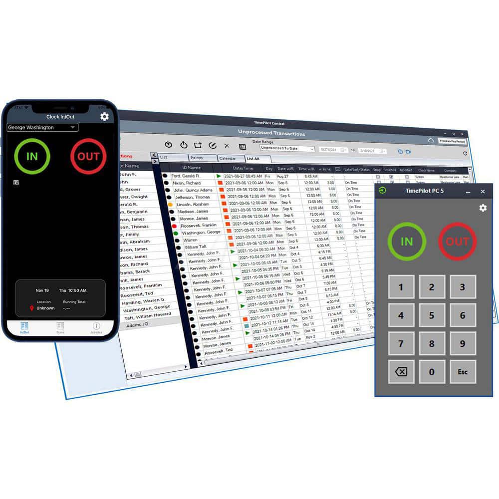 TimePilot Mobile/Pc Complete Software-Based Time Clock System Clock in with Smartphone App or Clocks on PC Screens, 50-Employee Cloud Database, Manage Data from Anywhere with TimePilot Software, Exports to Quickbooks, Free Support