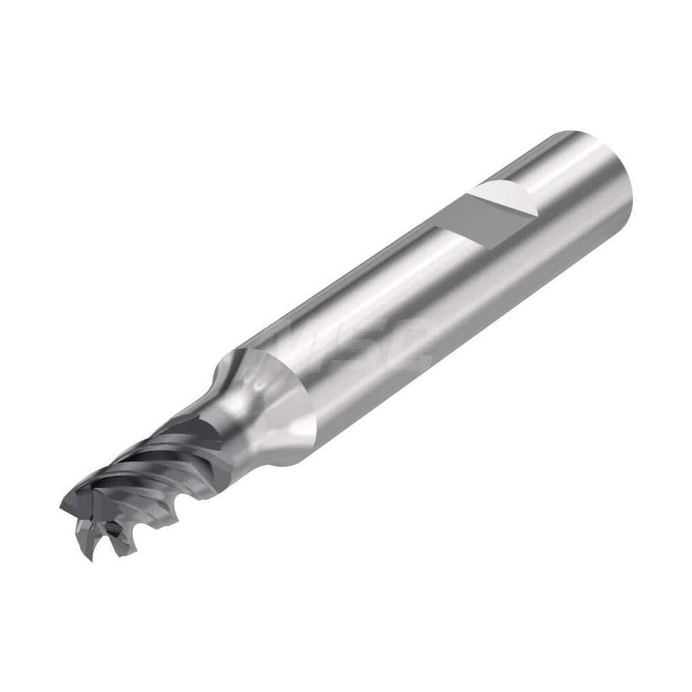Corner Radius End Mill: 0.1575″ Dia, 4 Flutes, Solid Carbide 48 ° Helix, SIRON-A Coated, Corner Chamfer End, Centercutting, Series JS554