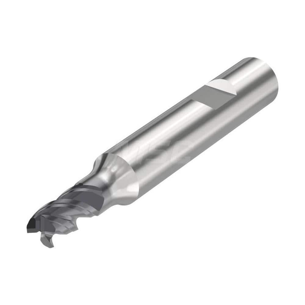 Corner Radius End Mill: 0.2165″ Dia, 3 Flutes, Solid Carbide 48 ° Helix, SIRON-A Coated, Corner Chamfer End, Centercutting, Series JS553