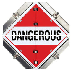 DOT Flip Placards; Placard Type: Split Back; Number of Legends: 8; Legend: Corrosive; Non-Flammable Gas; Poison; Flammable Gas; Flammable; Oxidizer; Radioactive; Dangerous; Message/Graphic: Message & Graphic; Legend Color: Red; White; Yellow; Black; Green