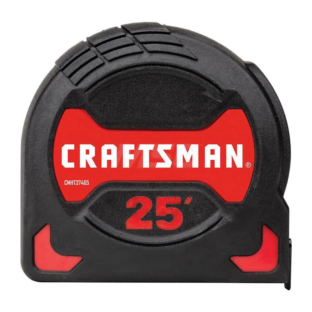 Tape Measure: 25' Long, 1-1/8″ Width, White Blade 1/16″ Graduation, Black & Red Case