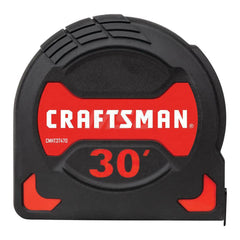 Tape Measure: 30' Long, 1-1/8″ Width, White Blade 1/16″ Graduation, Black & Red Case