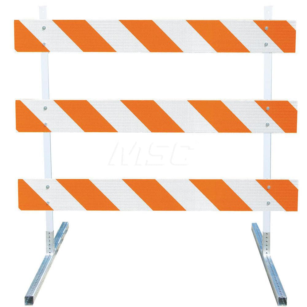 Traffic Barricades; Type: Type III; Barricade Height (Inch): 63; Material: Plastic Board; Polymer Plastic Upright; Galvanized High Carbon Steel Feet; Barricade Width (Inch): 48; Reflective: Yes; Compliance: MASH Compliant; MUTCD; Weight (Lb.): 19.0000; To