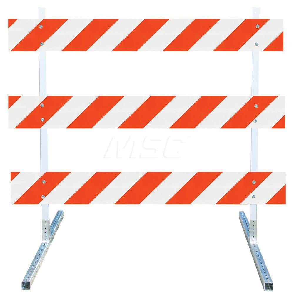 Traffic Barricades; Type: Type III; Barricade Height (Inch): 63; Material: Plastic Board; Polymer Plastic Upright; Galvanized High Carbon Steel Feet; Barricade Width (Inch): 72; Reflective: Yes; Compliance: MASH Compliant; MUTCD; Weight (Lb.): 19.0000; To