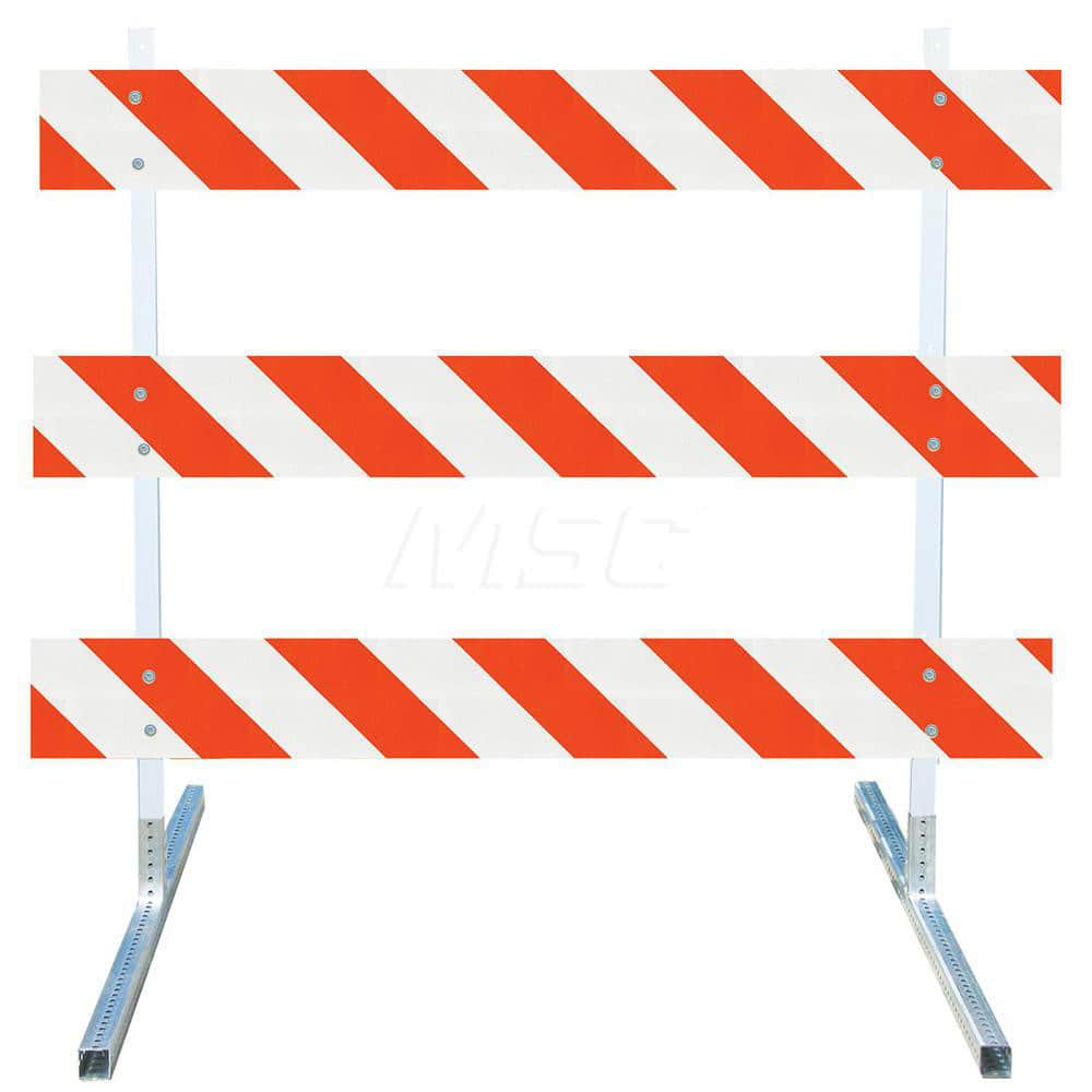 Traffic Barricades; Type: Type III; Barricade Height (Inch): 63; Material: Plastic Board; Polymer Plastic Upright; Galvanized High Carbon Steel Feet; Barricade Width (Inch): 72; Reflective: Yes; Compliance: MASH Compliant; MUTCD; Weight (Lb.): 19.0000; To