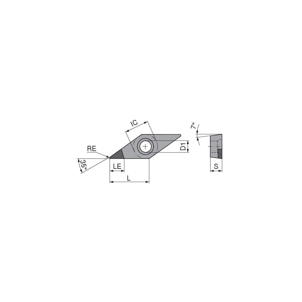 Turning Insert:  VCGW222TN012DA4,  Polycrystalline Cubic Boron Nitride Uncoated Finish,  Neutral,  1/4″ Inscribed Circle,  0.0315″ Corner Radius,  35.0 &deg N/A Diamond,  Series  VCGW