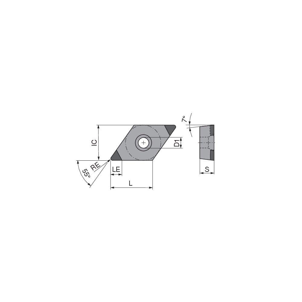 Turning Insert:  DCGW2151TN009BB3,  Polycrystalline Cubic Boron Nitride TiN Finish,  Neutral,  1/4″ Inscribed Circle,  0.0157″ Corner Radius,  55.0 &deg N/A Diamond,  Series  DCGW