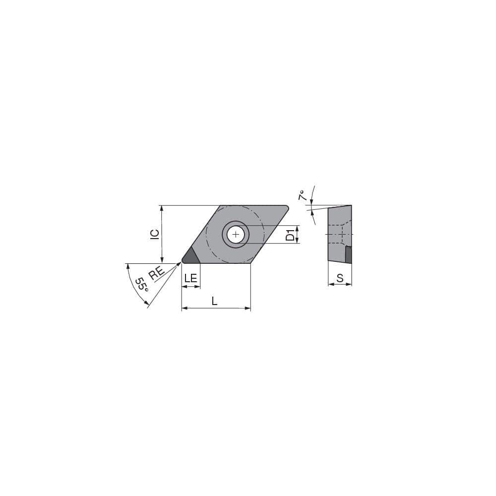 Turning Insert:  DCGW2151TN012CA4,  Polycrystalline Cubic Boron Nitride Uncoated Finish,  Neutral,  1/4″ Inscribed Circle,  0.0157″ Corner Radius,  55.0 &deg N/A Diamond,  Series  DCGW