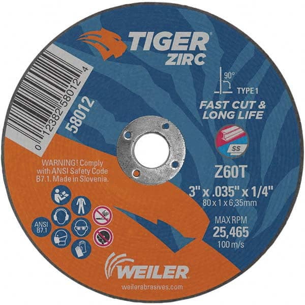 Weiler - 3 x 0.035, 1/4" Hole 60 Grit Zirconia Alumina Cutoff Wheel - Americas Industrial Supply