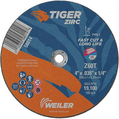 Weiler - 4 x 0.035, 1/4" Hole 60 Grit Zirconia Alumina Cutoff Wheel - Americas Industrial Supply