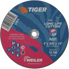 Weiler - 4 x 0.035, 1/4" Hole 60 Grit Aluminum Oxide Cutoff Wheel - Americas Industrial Supply