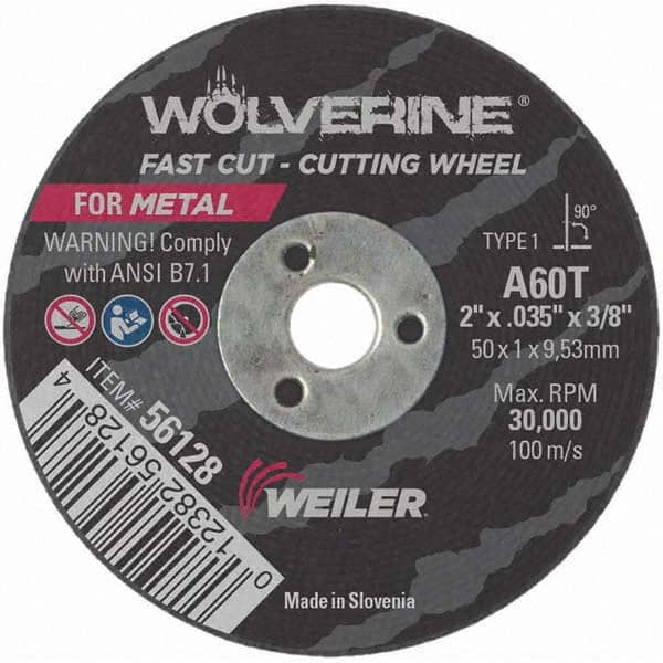 Weiler - 2 x 0.035, 3/8" Hole 60 Grit Aluminum Oxide Cutoff Wheel - Americas Industrial Supply