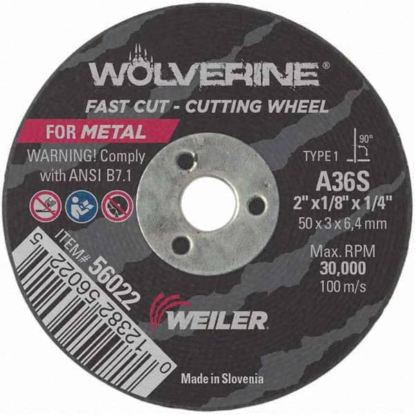 Weiler - 2 x 1/8, 1/4" Hole 36 Grit Aluminum Oxide Cutoff Wheel - Americas Industrial Supply