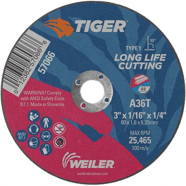 Weiler - 3 x 1/16, 1/4" Hole 36 Grit Aluminum Oxide Cutoff Wheel - Americas Industrial Supply