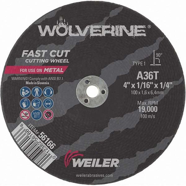 Weiler - 4 x 1/16, 1/4" Hole 36 Grit Aluminum Oxide Cutoff Wheel - Americas Industrial Supply