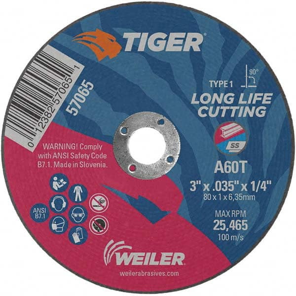 Weiler - 3 x 0.035, 1/4" Hole 60 Grit Aluminum Oxide Cutoff Wheel - Americas Industrial Supply