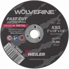 Weiler - 3 x 1/8, 3/8" Hole 36 Grit Aluminum Oxide Cutoff Wheel - Americas Industrial Supply