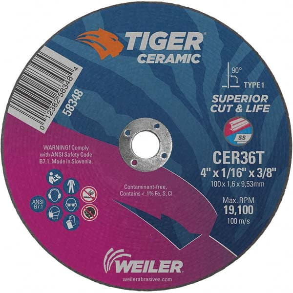 Weiler - 4 x 1/16, 3/8" Hole 36 Grit Ceramic Alumina Cutoff Wheel - Americas Industrial Supply