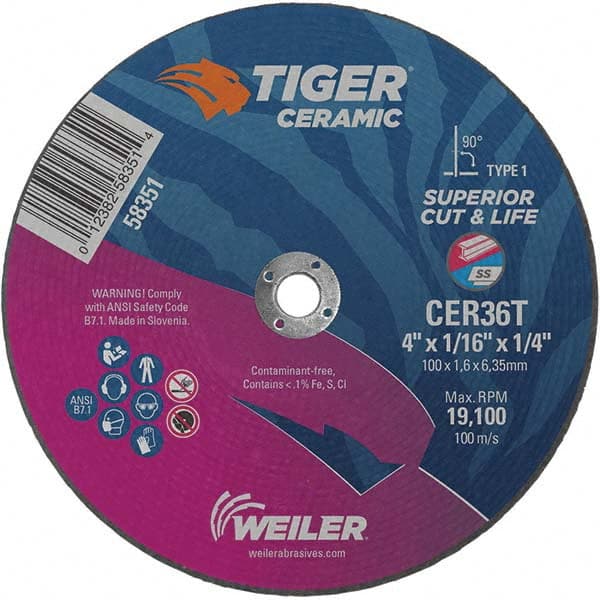 Weiler - 4 x 1/16, 1/4" Hole 36 Grit Ceramic Alumina Cutoff Wheel - Americas Industrial Supply