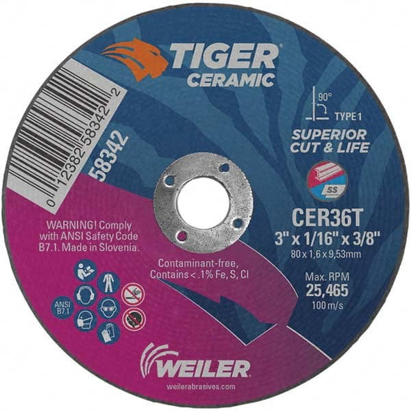 Weiler - 3 x 1/16, 3/8" Hole 36 Grit Ceramic Alumina Cutoff Wheel - Americas Industrial Supply