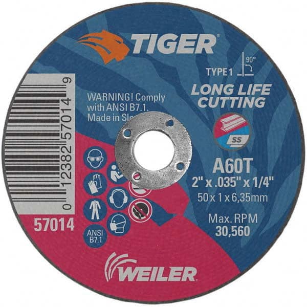 Weiler - 2 x 0.035, 1/4" Hole 60 Grit Aluminum Oxide Cutoff Wheel - Americas Industrial Supply