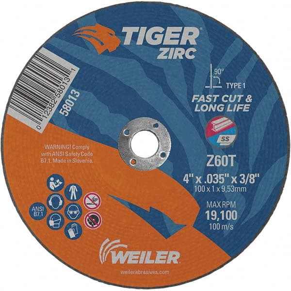 Weiler - 4 x 0.035, 3/8" Hole 60 Grit Zirconia Alumina Cutoff Wheel - Americas Industrial Supply