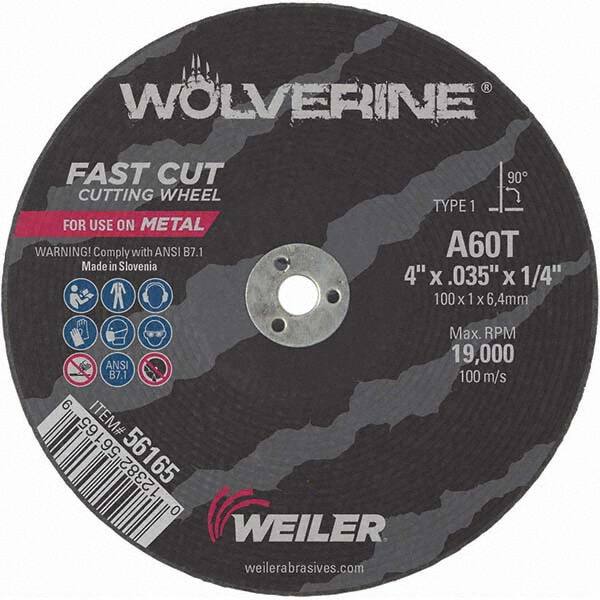 Weiler - 4 x 0.035, 1/4" Hole 60 Grit Aluminum Oxide Cutoff Wheel - Americas Industrial Supply