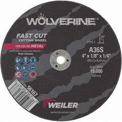 Weiler - 4 x 1/8, 1/4" Hole 36 Grit Aluminum Oxide Cutoff Wheel - Americas Industrial Supply