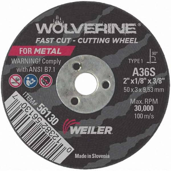 Weiler - 2 x 1/8, 3/8" Hole 36 Grit Aluminum Oxide Cutoff Wheel - Americas Industrial Supply