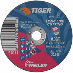 Weiler - 2 x 1/16, 3/8" Hole 36 Grit Aluminum Oxide Cutoff Wheel - Americas Industrial Supply