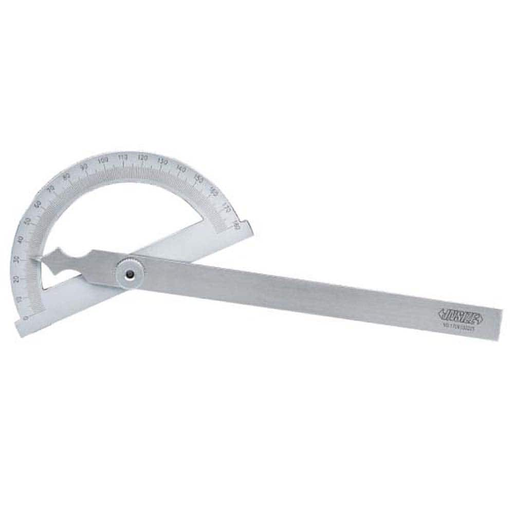 Insize USA LLC - Round & Rectangular Head Protractors; Head Type: Round ; Blade Length (mm): 200.0000 ; Blade Length (Inch): 7.9 ; Maximum Measurement (Degrees): 180.00 ; Dial Graduation (Degrees): 1.00 ; Dial Range: 0-180 - Exact Industrial Supply