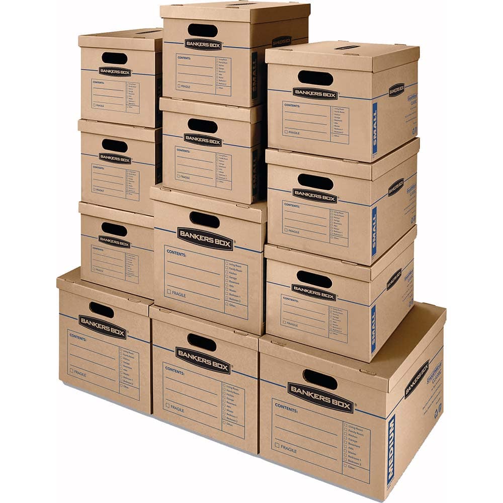 BANKERS BOX - Moving & Box Kits; Kit Type: Moving Combo Pack ; Number of Boxes: 12 ; Total Number of Pieces: 12 ; Contents: (8) 15 x 12 x10"; (4) 18 x 15 x 14" ; Additional Information: Easy to Set Up; Carry Handles; Reusable & Recyclable - Exact Industrial Supply