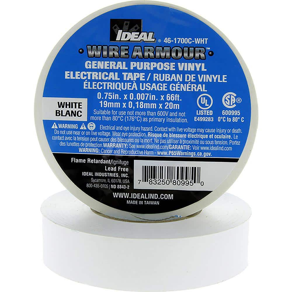 Vinyl Film Electrical Tape: 3/4″ Wide, 66' Long, 7 mil Thick, White 32 to 176 ° F Operating Temp, 7,000 V/mil, Series 46-1700C