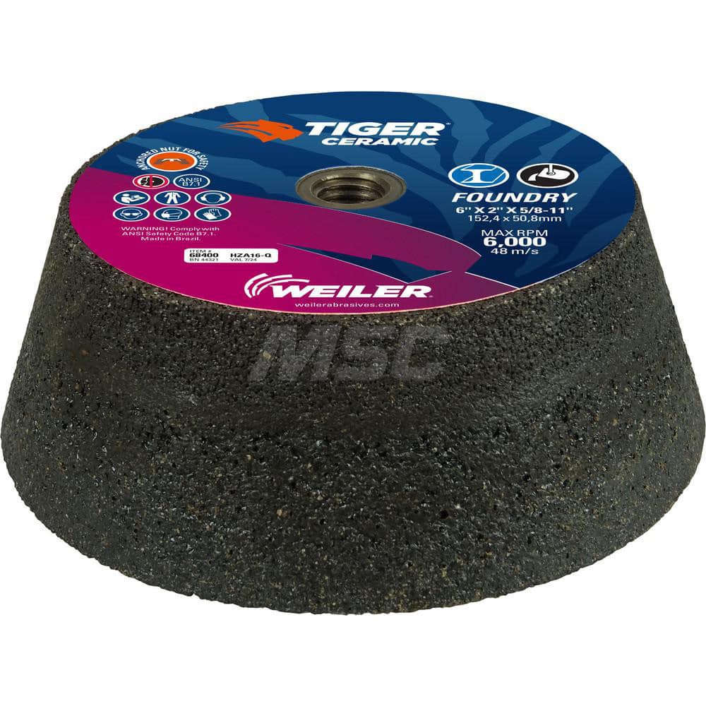 Tool & Cutting Grinding Wheel: 6″ Dia, 1-1/2″ Width, 16 Grit, Q Hardness, Type 11 Ceramic, Medium, 6,000 Max RPM