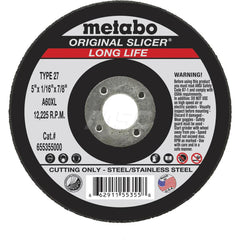 Cut-Off Wheel: Type 27, 5″ Dia, 7/8″ Hole, Aluminum Oxide 60 Grit, 12225 Max RPM