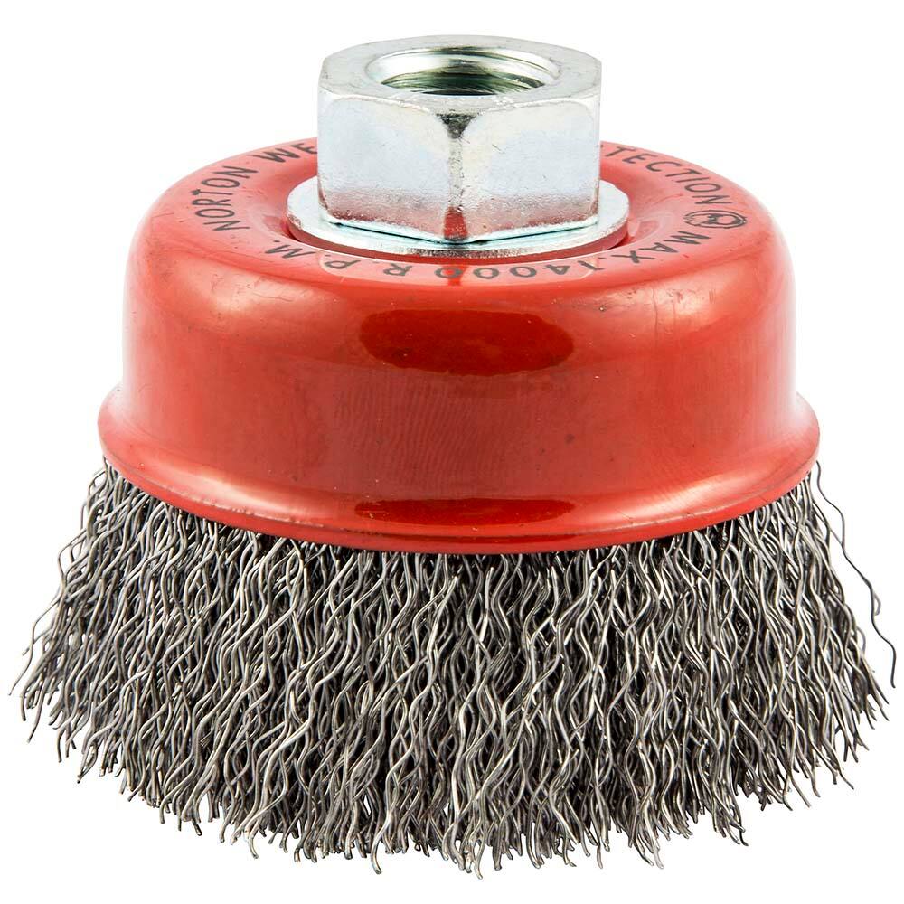 Norton - 3" Diam 5/8-11 Threaded Arbor Carbon Steel Fill Cup Brush - Americas Industrial Supply