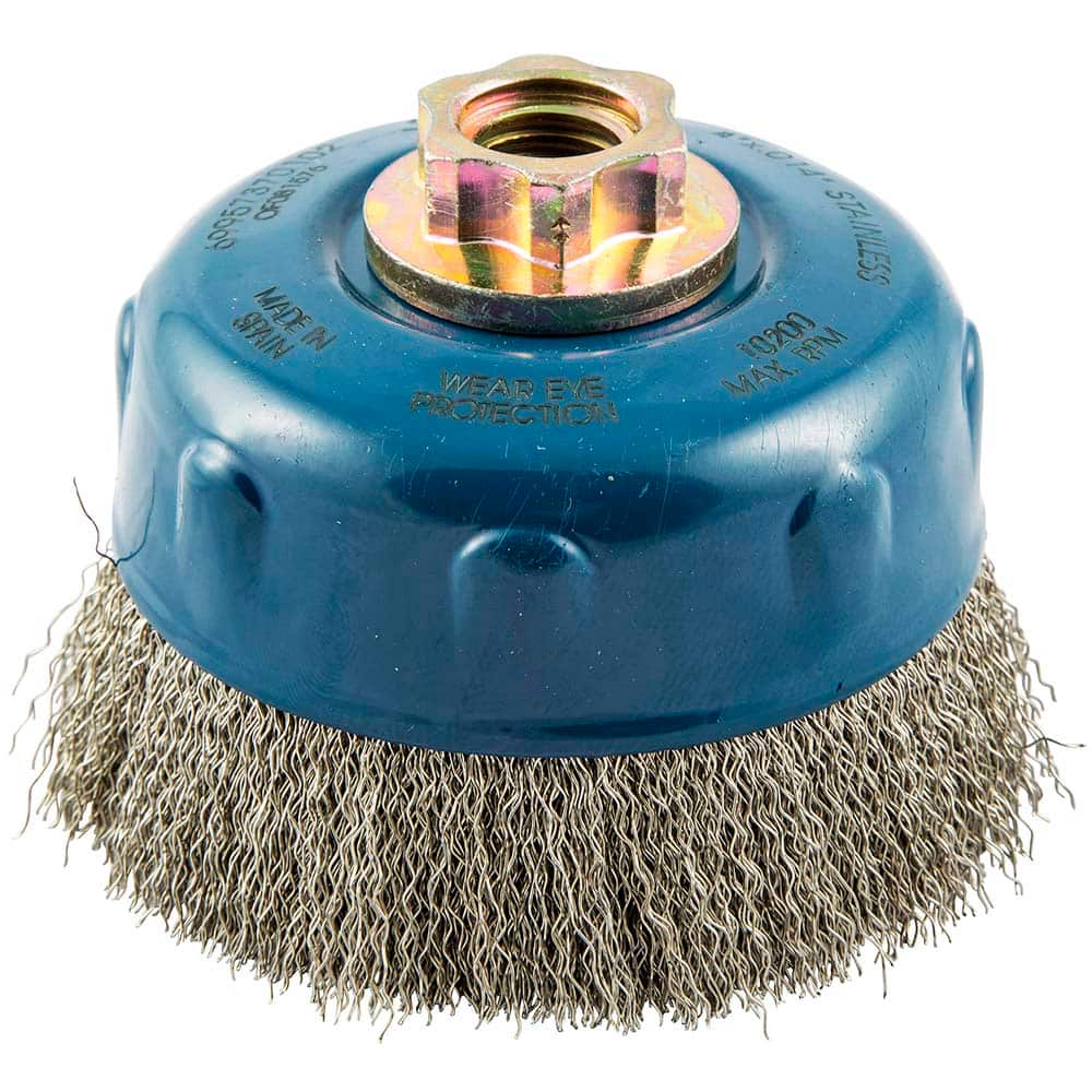 Norton - 4" Diam 5/8-11 Threaded Arbor Stainless Steel Fill Cup Brush - Americas Industrial Supply