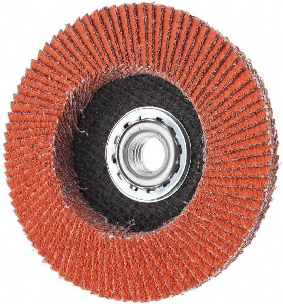 Norton - 40 Grit, 4-1/2" Disc Diam, 5/8-11 Center Hole, Type 27 Ceramic Alumina Flap Disc - 13,000 Max RPM, Cloth Backing, Arbor Attaching System, Coated - Americas Industrial Supply