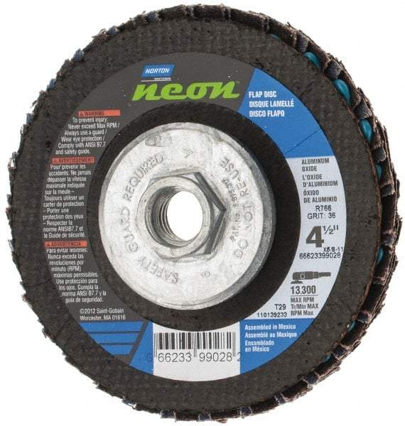 Norton - 36 Grit, 4-1/2" Disc Diam, 5/8-11 Center Hole, Type 29 Ceramic Alumina Flap Disc - 13,300 Max RPM, Polyester Backing, Arbor Attaching System, Coated - Americas Industrial Supply