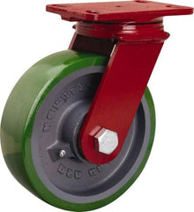 Hamilton - 8" Diam x 2-1/2" Wide x 10-1/8" OAH Top Plate Mount Swivel Caster - Polyurethane Mold onto Cast Iron Center, 2,000 Lb Capacity, Sealed Precision Ball Bearing, 4-1/2 x 6-1/2" Plate - Americas Industrial Supply