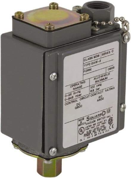 Square D - 4, 13 and 4X NEMA Rated, SPDT, 0.2 to 10 psi, Vacuum Switch Pressure and Level Switch - Adjustable Pressure, 120 VAC, 125 VDC, 240 VAC, 250 VDC, Screw Terminal - Americas Industrial Supply