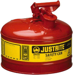 Justrite - 2.5 Gal Galvanized Steel Type I Safety Can - 11-1/2" High x 11-3/4" Diam, Red with Yellow - Americas Industrial Supply