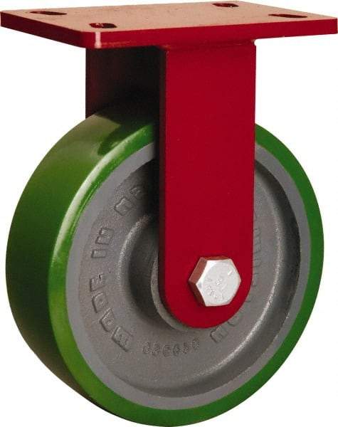 Hamilton - 8" Diam x 2-1/2" Wide x 10-1/8" OAH Top Plate Mount Rigid Caster - Polyurethane Mold onto Cast Iron Center, 2,000 Lb Capacity, Tapered Roller Bearing, 5 x 7" Plate - Americas Industrial Supply
