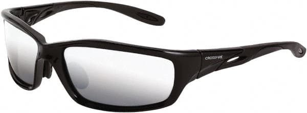 CrossFire - Silver Mirror Lenses, Framed Safety Glasses - Scratch Resistant, Black Frame, Size Universal, Wrap Around - Americas Industrial Supply
