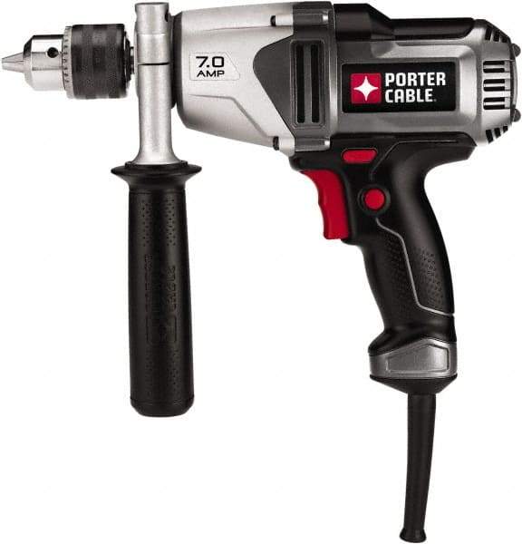 Porter-Cable - 1/2" Keyed Chuck, 800 RPM, Pistol Grip Handle Electric Drill - 7 Amps, 120 Volts, Reversible, Includes Side Handle & Chuck Key with Holder - Americas Industrial Supply