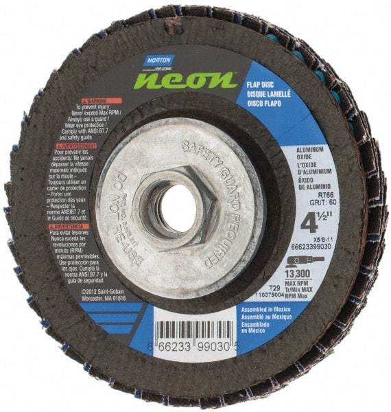 Norton - 60 Grit, 4-1/2" Disc Diam, 5/8-11 Center Hole, Type 29 Ceramic Alumina Flap Disc - 13,300 Max RPM, Polyester Backing, Arbor Attaching System, Coated - Americas Industrial Supply