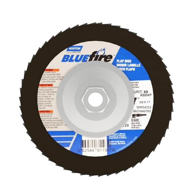 Norton - 60 Grit, 7" Disc Diam, 5/8-11 Center Hole, Type 29 Zirconia Alumina Flap Disc - 8,600 Max RPM, Cloth Backing, Arbor Attaching System, Coated - Americas Industrial Supply