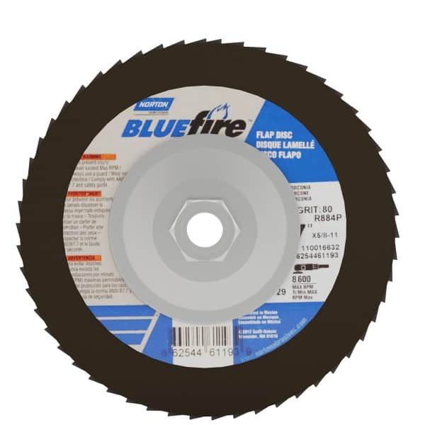 Norton - 80 Grit, 7" Disc Diam, 5/8-11 Center Hole, Type 29 Zirconia Alumina Flap Disc - 8,600 Max RPM, Cloth Backing, Arbor Attaching System, Coated - Americas Industrial Supply