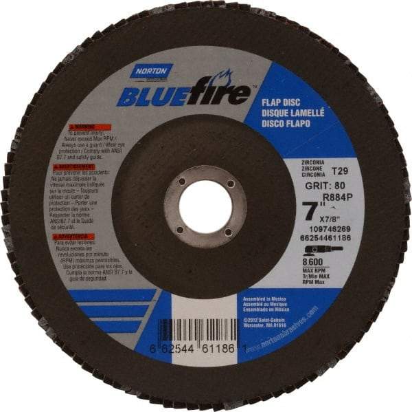 Norton - 80 Grit, 7" Disc Diam, 7/8" Center Hole, Type 29 Zirconia Alumina Flap Disc - 8,600 Max RPM, Cloth Backing, Arbor Attaching System, Coated - Americas Industrial Supply