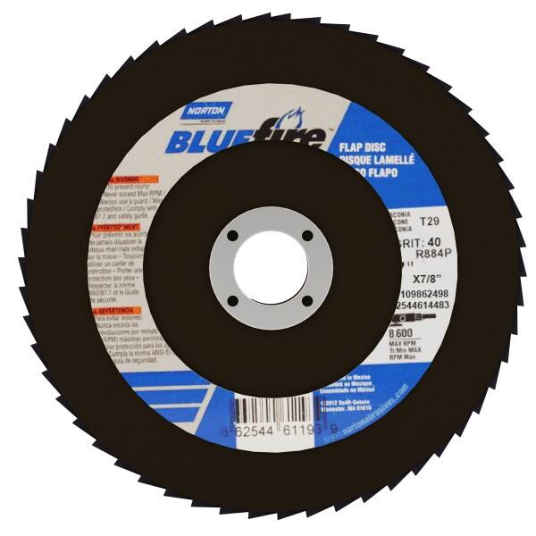 Norton - 40 Grit, 7" Disc Diam, 7/8" Center Hole, Type 29 Zirconia Alumina Flap Disc - 8,600 Max RPM, Cloth Backing, Arbor Attaching System, Coated - Americas Industrial Supply